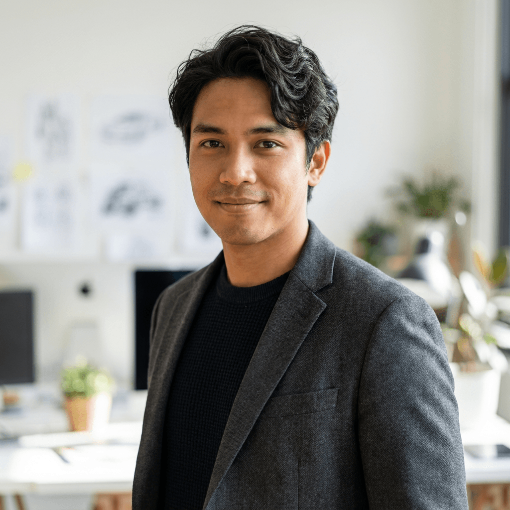 Startup founder working at a desk in a bright modern office