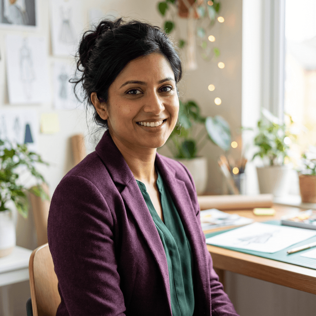 Portrait of Priya Nair, director of a local service startup