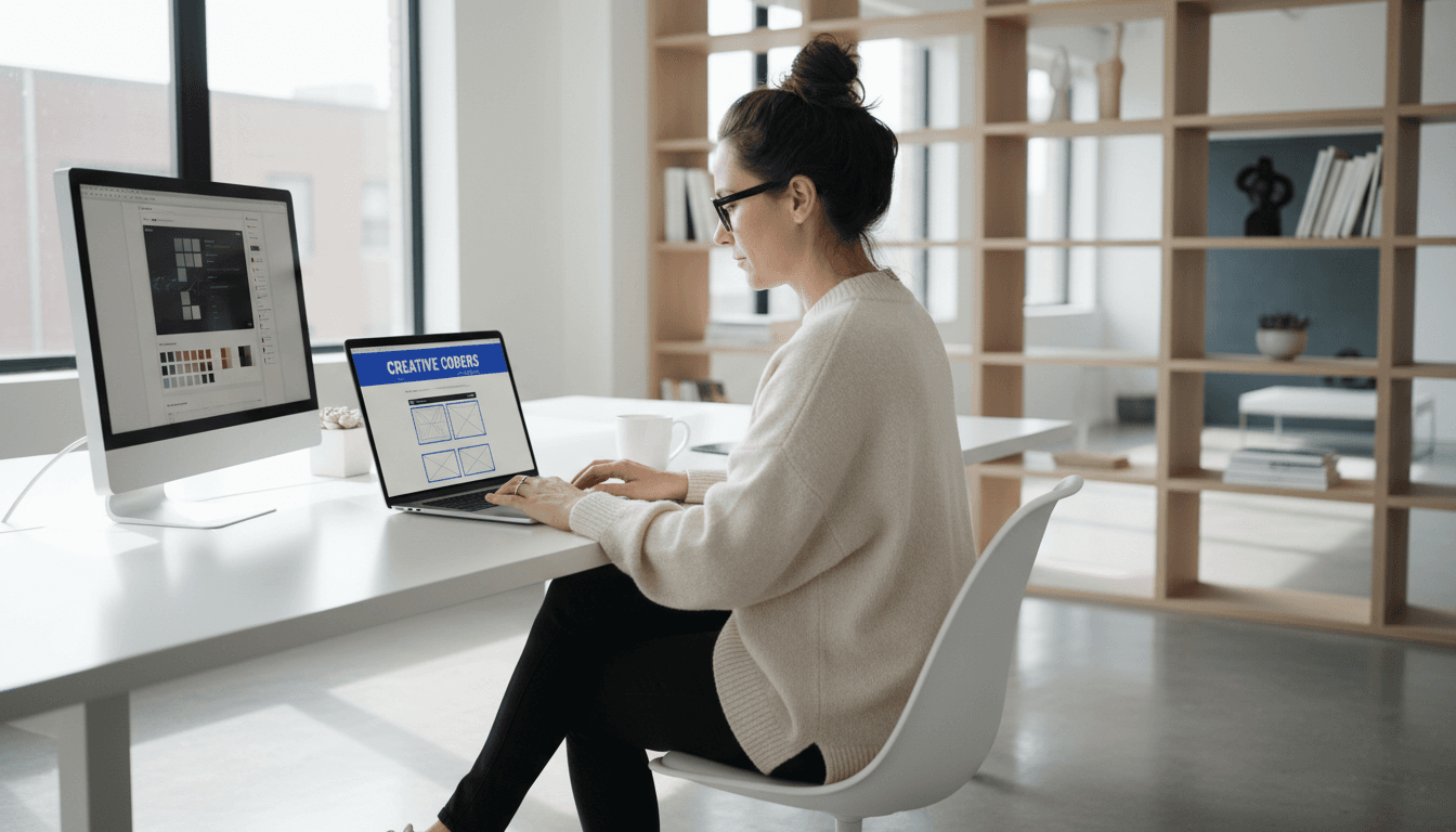 Web designer working on a laptop in a bright studio