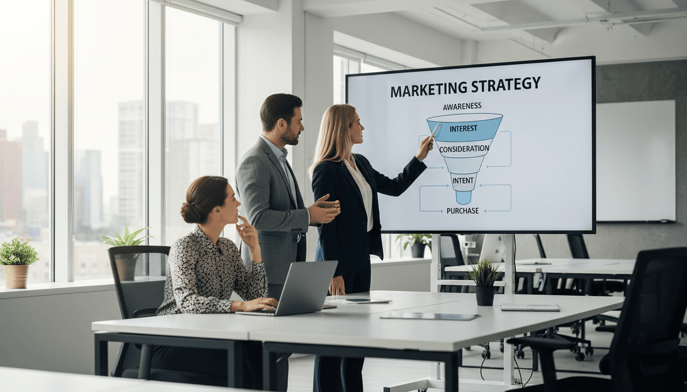 Team collaborating over a sales funnel in an office