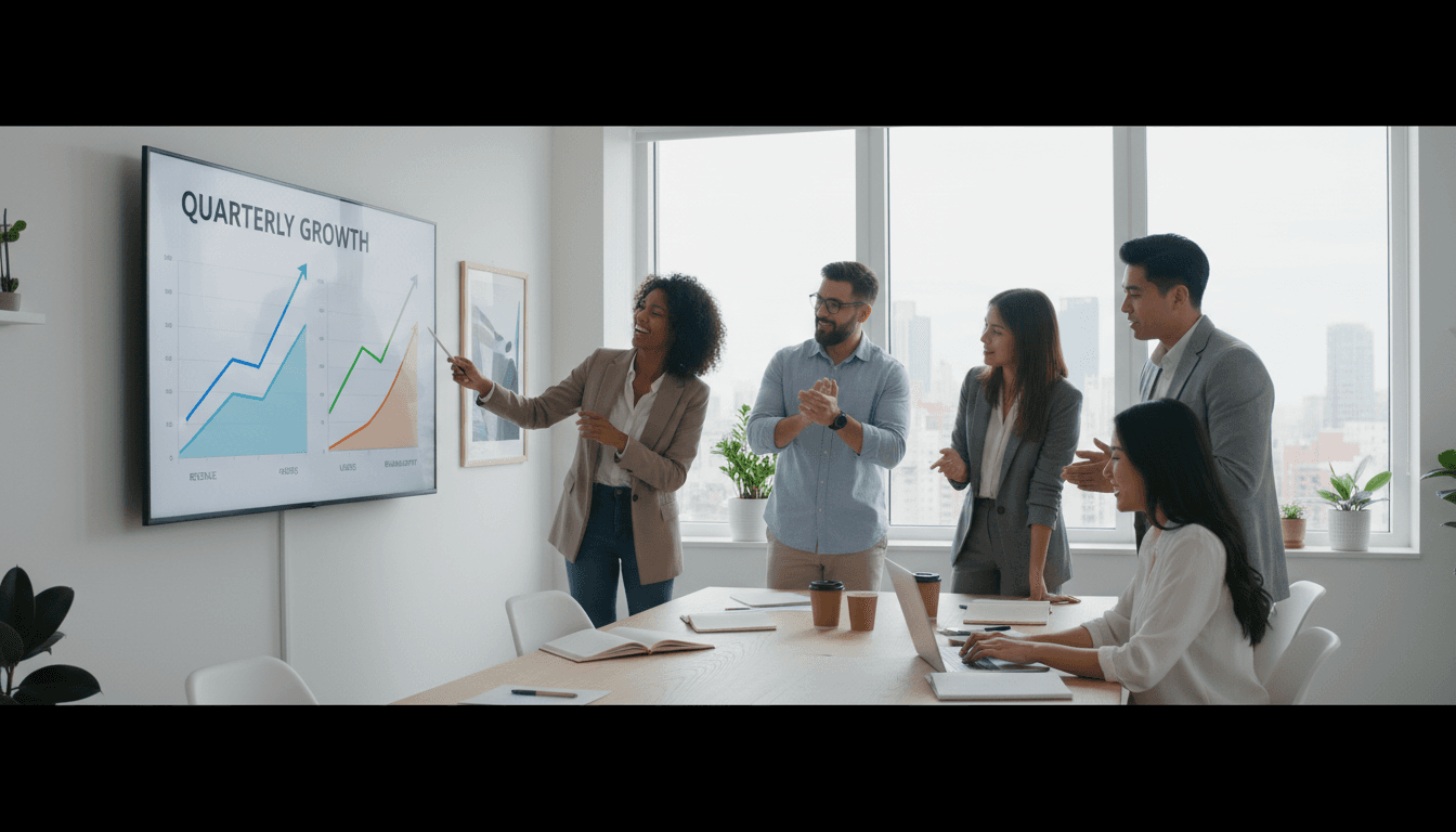 Startup team reviewing growth charts in a modern office