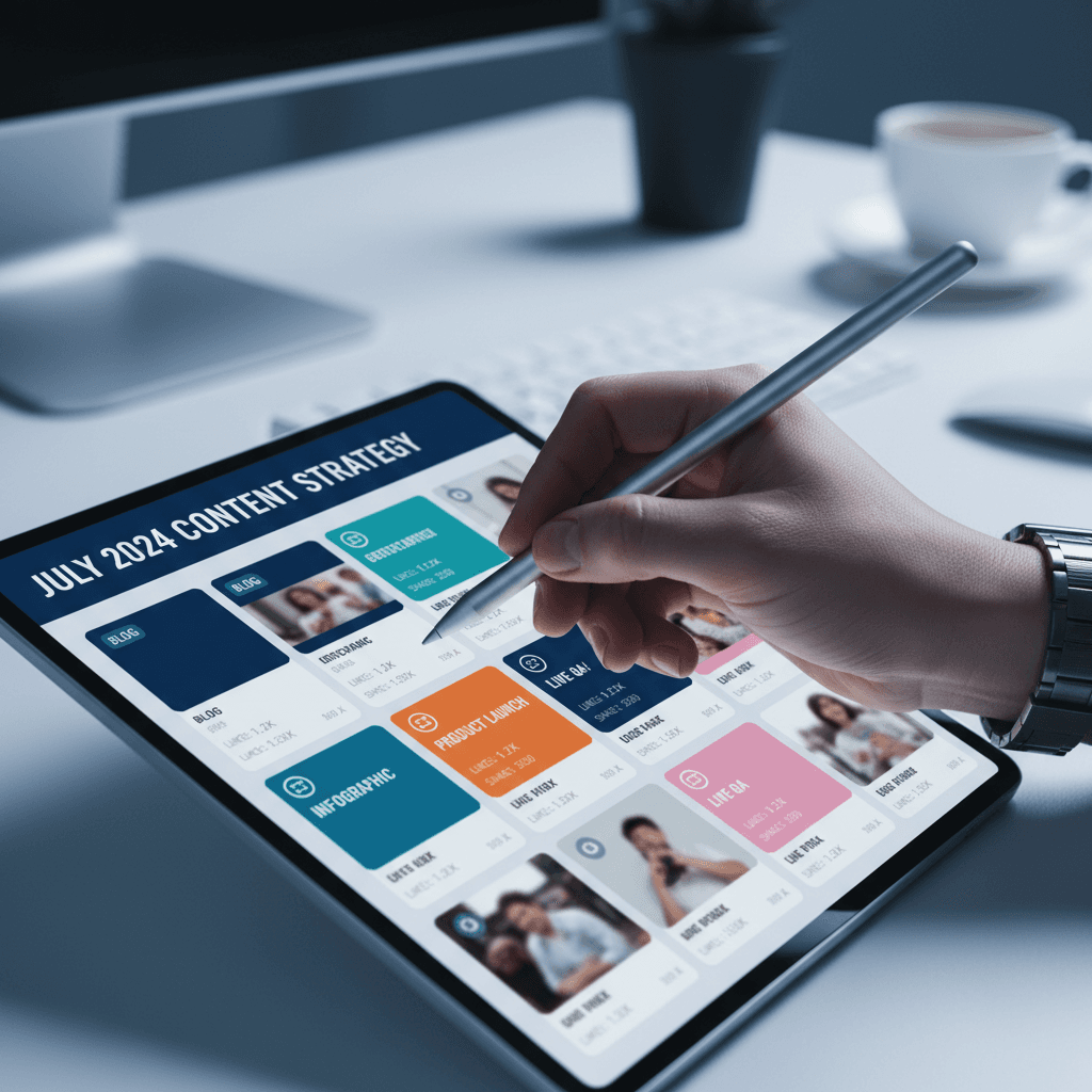 Instagram feed grid and social media content planned on a tablet