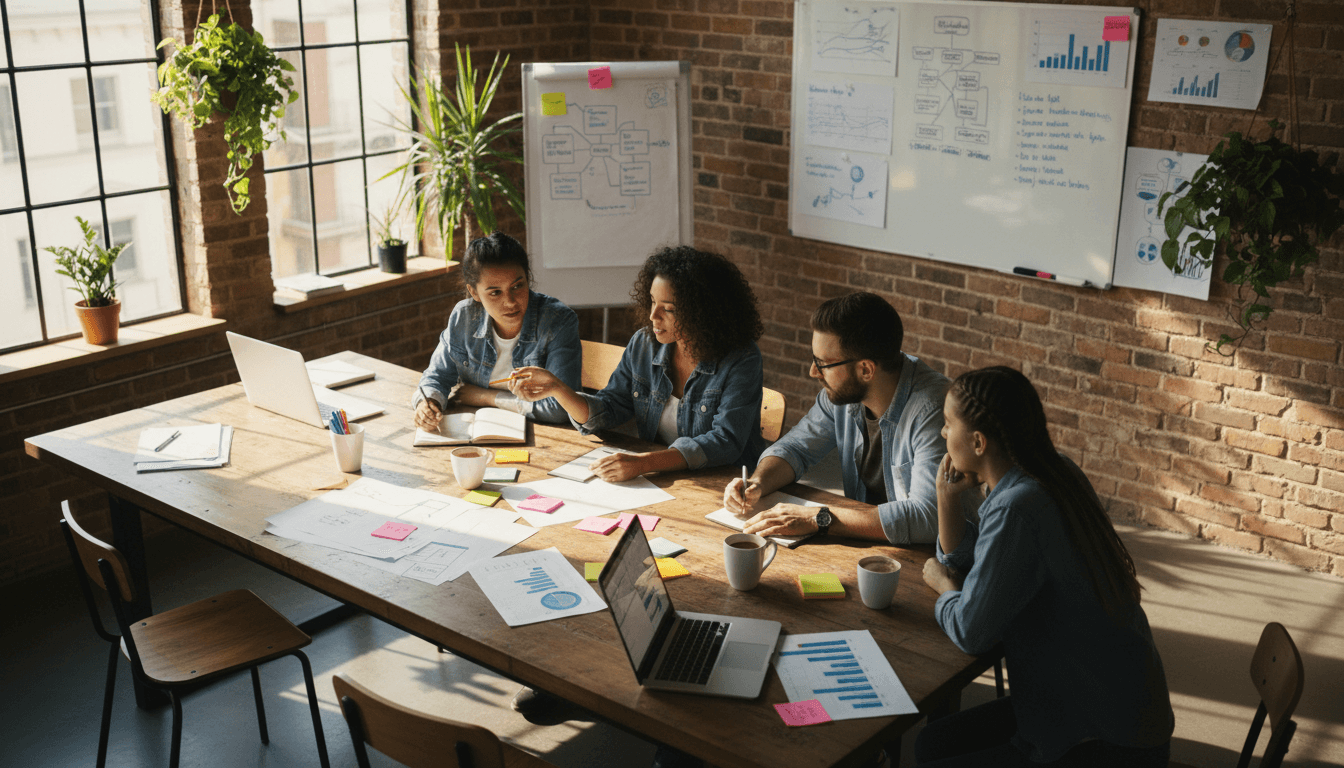 Startup team collaborating around a laptop in a bright modern office