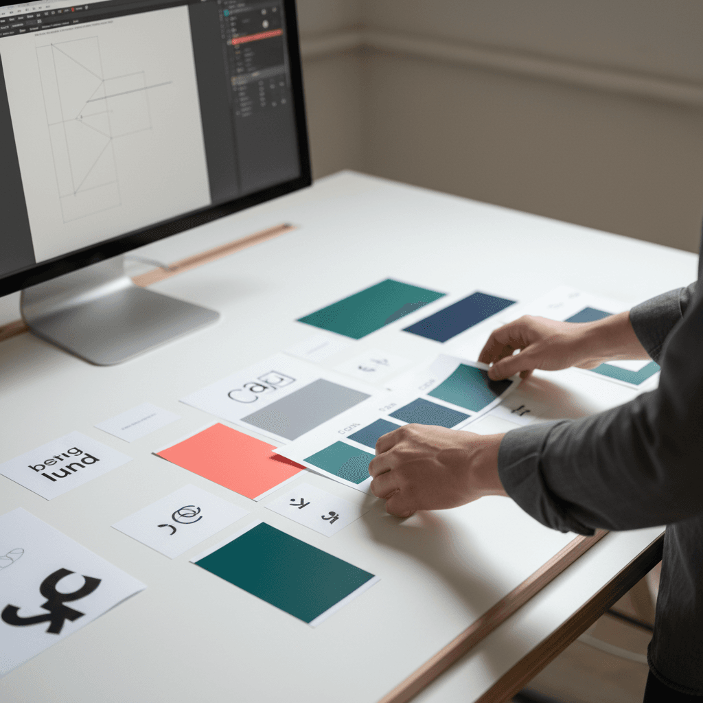Designer reviewing brand color swatches and logo sketches at a bright studio desk