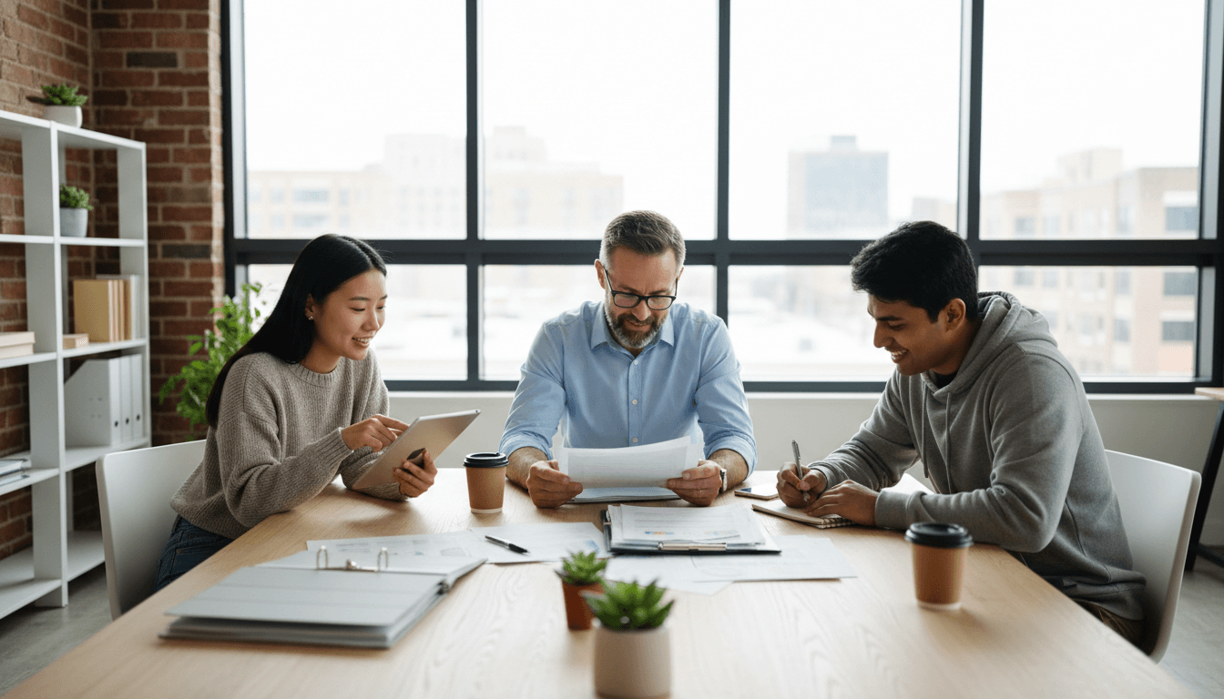 Business consultant meeting with a startup founder in a modern, bright office