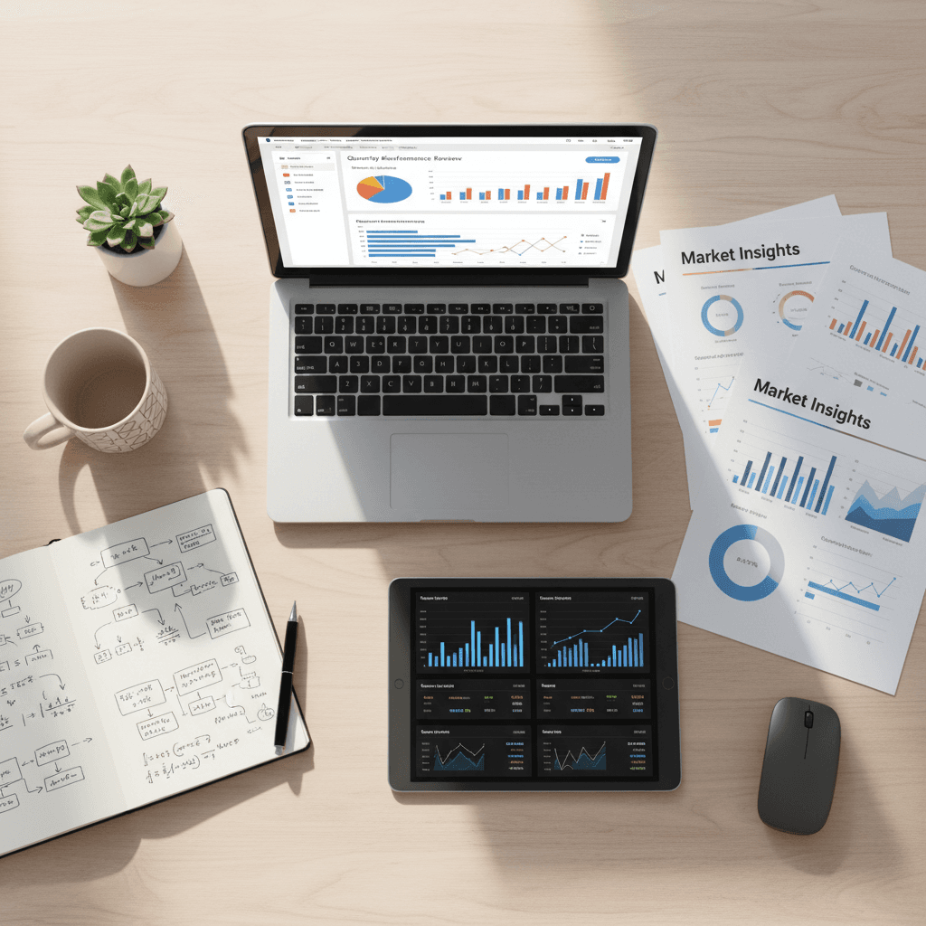 Stack of business reports and strategy documents on a desk