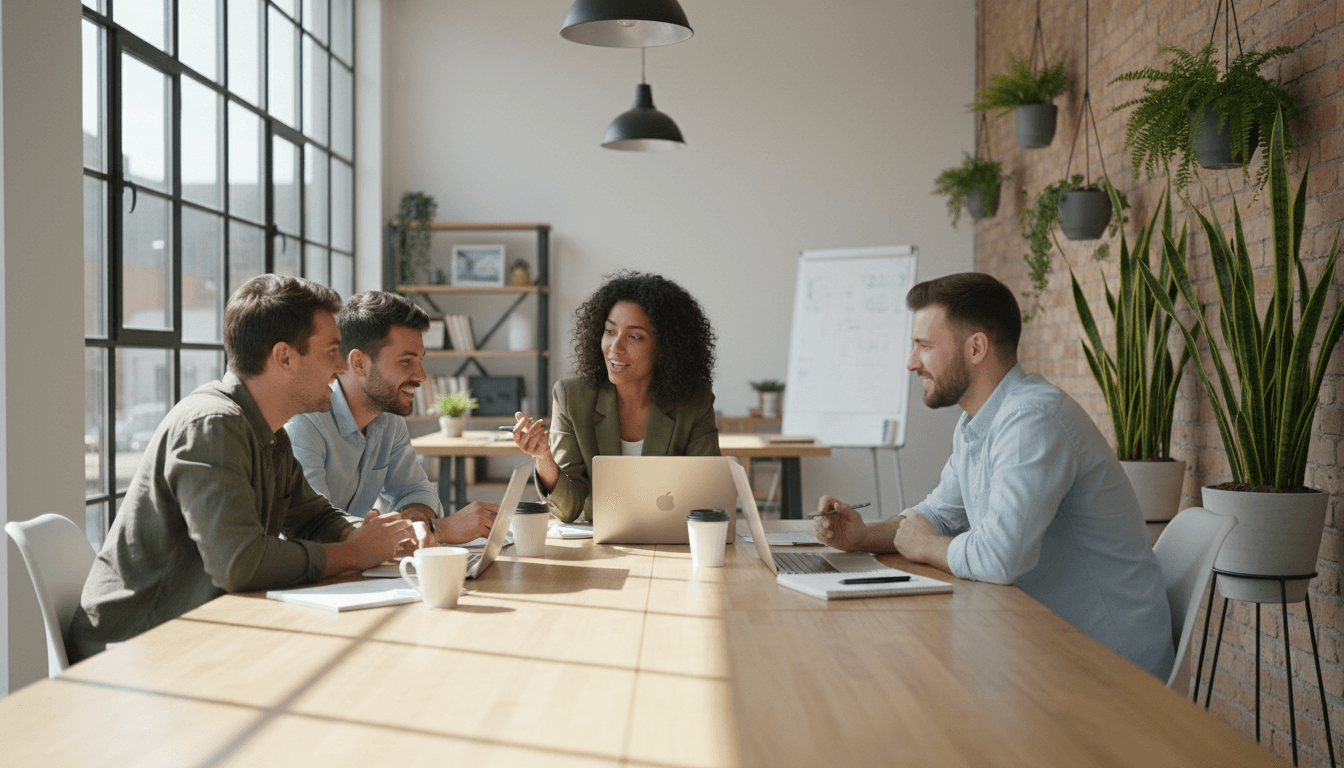 Startup team collaborating around a table with laptops in a bright modern office