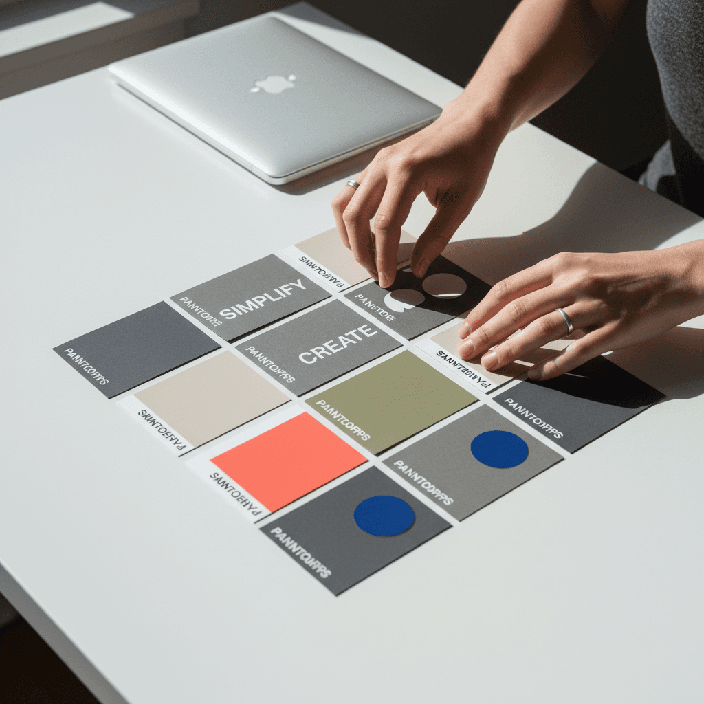Brand color palette and font selection in progress on a studio desk