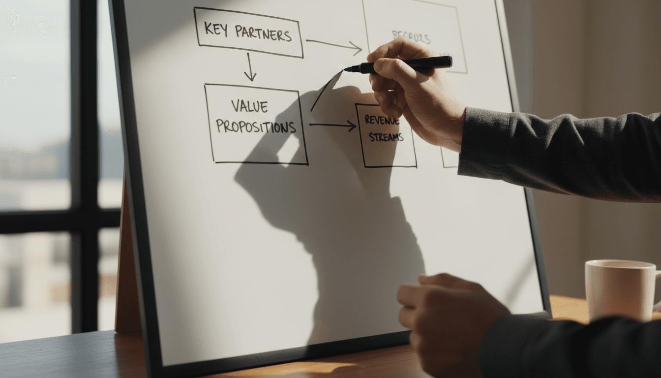 Business consultant writing on a whiteboard covered with sticky notes in a modern startup office